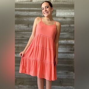 Kori America Coral Spaghetti Strap Knee Length Lined Dress with Tiered Skirt